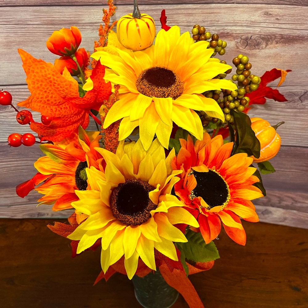 NEW!!!   Fall Flower Arrangememt in Galvanized Pitcher